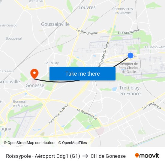 Roissypole - Aéroport Cdg1 (G1) to CH de Gonesse map