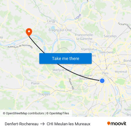 Denfert-Rochereau to CHI Meulan-les Mureaux map