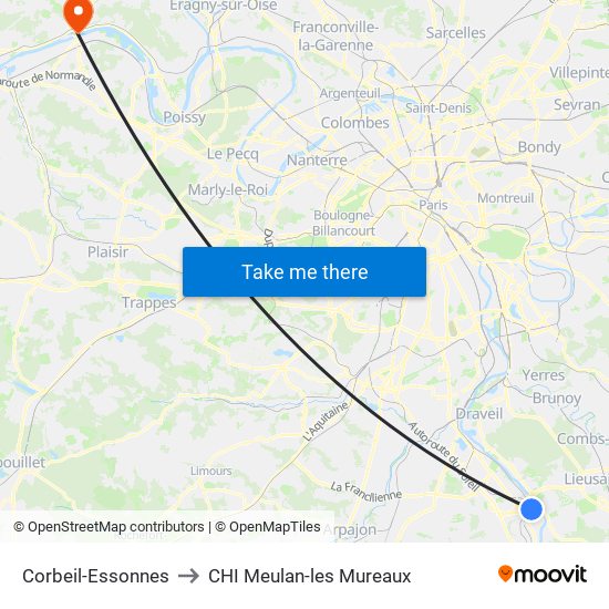 Corbeil-Essonnes to CHI Meulan-les Mureaux map