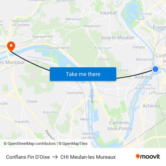 Conflans Fin D'Oise to CHI Meulan-les Mureaux map