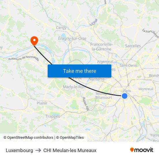 Luxembourg to CHI Meulan-les Mureaux map