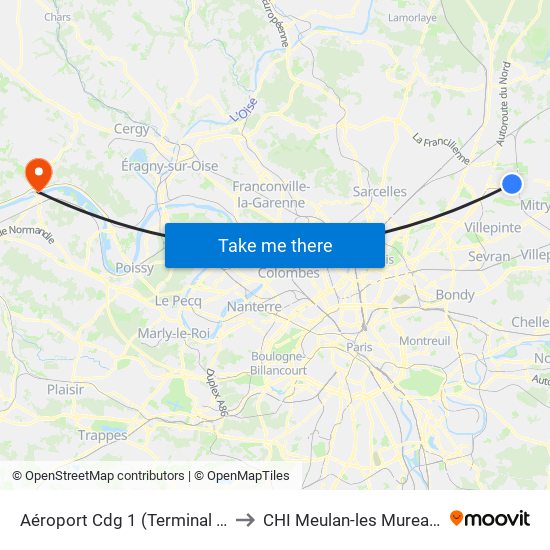 Aéroport Cdg 1 (Terminal 3) to CHI Meulan-les Mureaux map