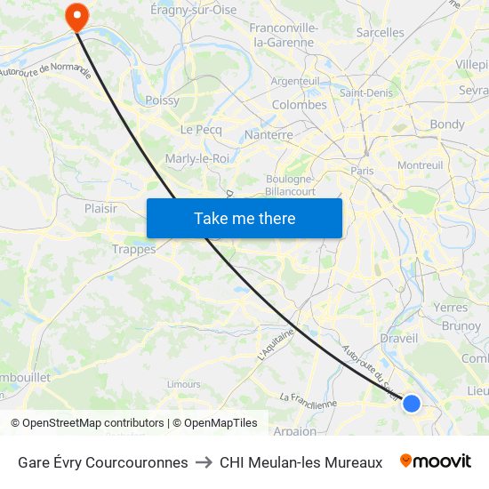 Gare Évry Courcouronnes to CHI Meulan-les Mureaux map