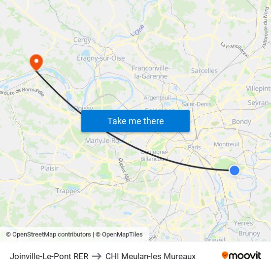 Joinville-Le-Pont RER to CHI Meulan-les Mureaux map
