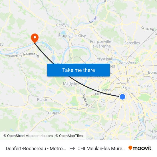 Denfert-Rochereau - Métro-Rer to CHI Meulan-les Mureaux map