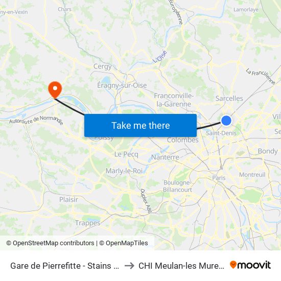 Gare de Pierrefitte - Stains RER to CHI Meulan-les Mureaux map