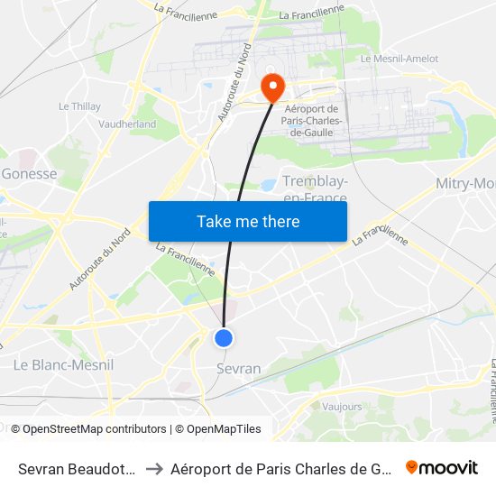 Sevran Beaudottes to Aéroport de Paris Charles de Gaulle map