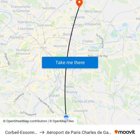 Corbeil-Essonnes to Aéroport de Paris Charles de Gaulle map