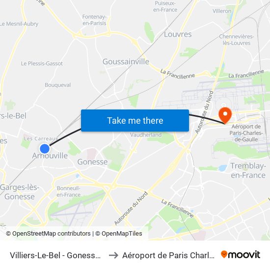 Villiers-Le-Bel - Gonesse - Arnouville to Aéroport de Paris Charles de Gaulle map