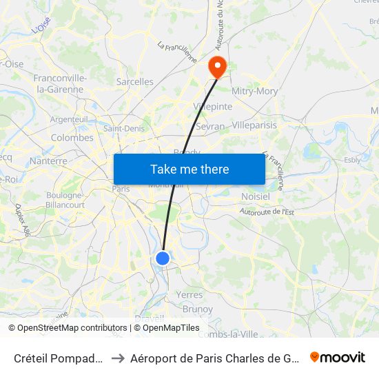 Créteil Pompadour to Aéroport de Paris Charles de Gaulle map