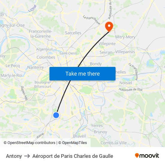 Antony to Aéroport de Paris Charles de Gaulle map