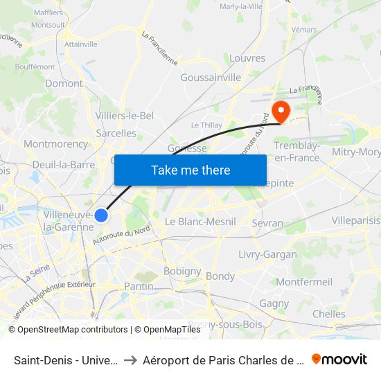 Saint-Denis - Université to Aéroport de Paris Charles de Gaulle map