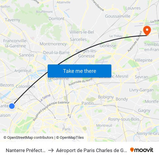 Nanterre Préfecture to Aéroport de Paris Charles de Gaulle map