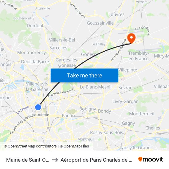 Mairie de Saint-Ouen to Aéroport de Paris Charles de Gaulle map