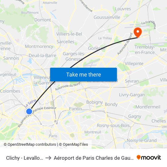 Clichy - Levallois to Aéroport de Paris Charles de Gaulle map