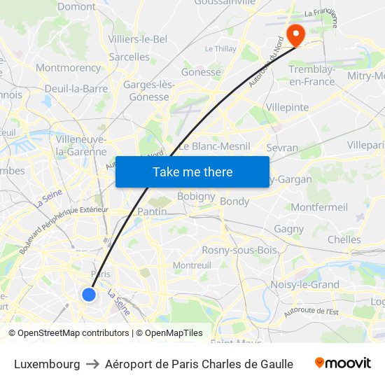Luxembourg to Aéroport de Paris Charles de Gaulle map