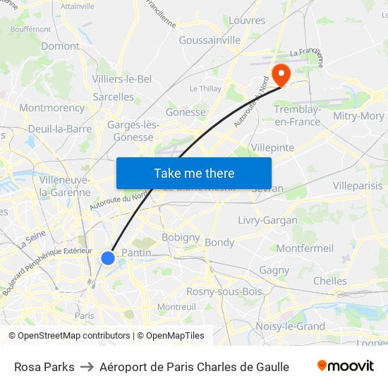 Rosa Parks to Aéroport de Paris Charles de Gaulle map