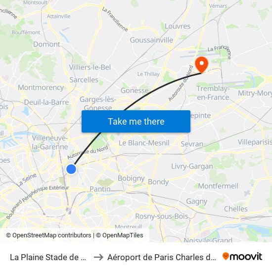 La Plaine Stade de France to Aéroport de Paris Charles de Gaulle map