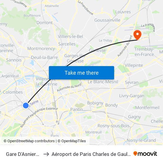 Gare D'Asnieres to Aéroport de Paris Charles de Gaulle map