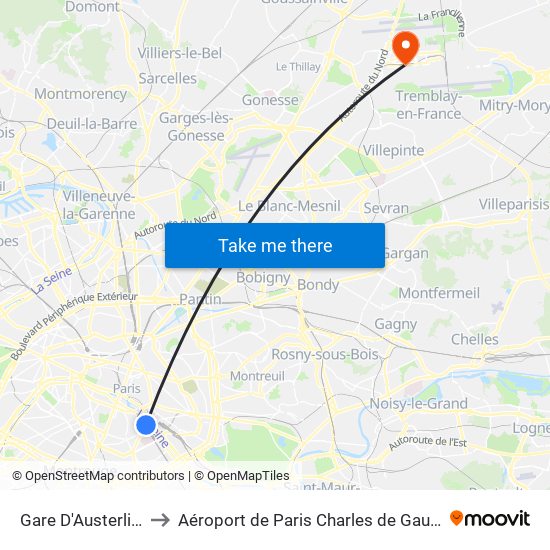Gare D'Austerlitz to Aéroport de Paris Charles de Gaulle map