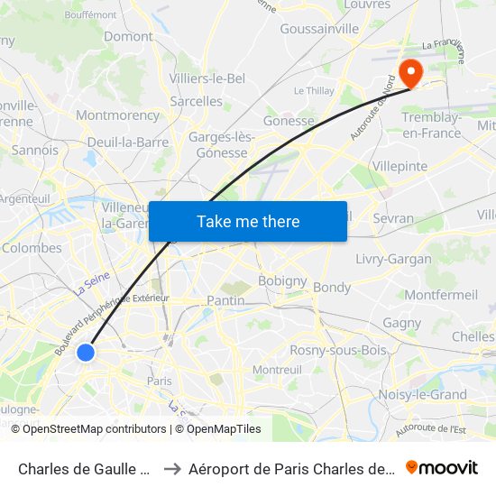 Charles de Gaulle Etoile to Aéroport de Paris Charles de Gaulle map