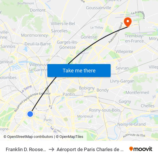 Franklin D. Roosevelt to Aéroport de Paris Charles de Gaulle map