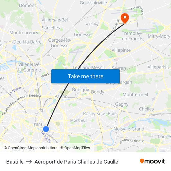 Bastille to Aéroport de Paris Charles de Gaulle map