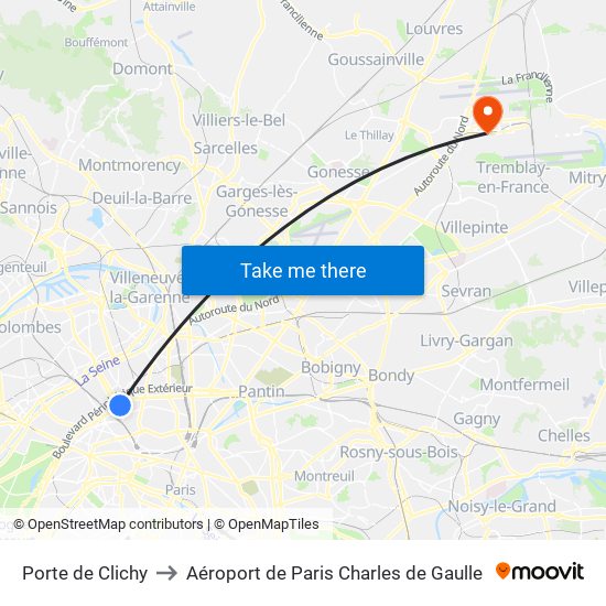 Porte de Clichy to Aéroport de Paris Charles de Gaulle map