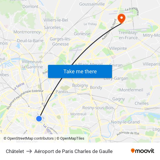 Châtelet to Aéroport de Paris Charles de Gaulle map