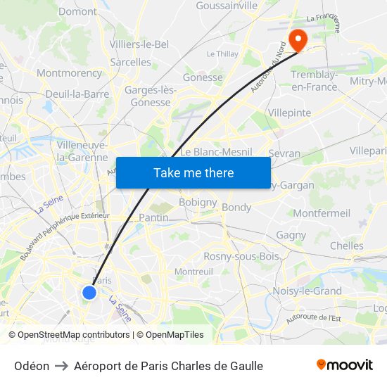 Odéon to Aéroport de Paris Charles de Gaulle map