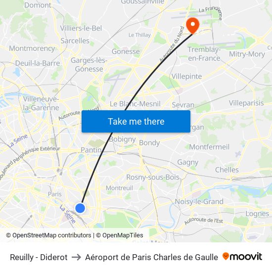 Reuilly - Diderot to Aéroport de Paris Charles de Gaulle map