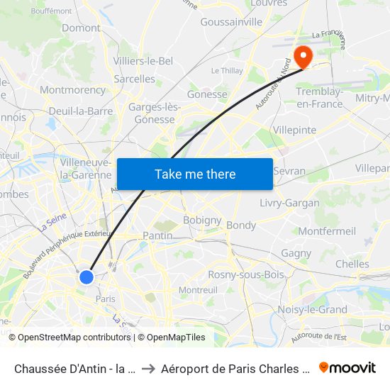 Chaussée D'Antin - la Fayette to Aéroport de Paris Charles de Gaulle map