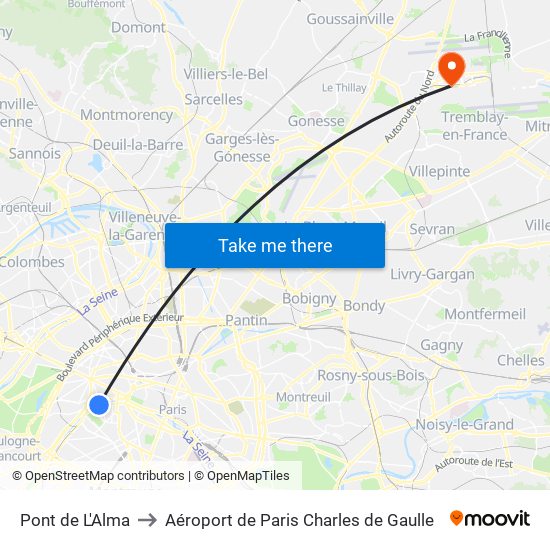 Pont de L'Alma to Aéroport de Paris Charles de Gaulle map