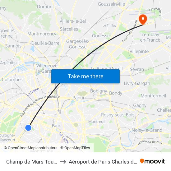 Champ de Mars Tour Eiffel to Aéroport de Paris Charles de Gaulle map