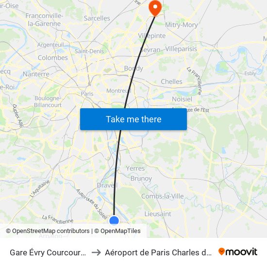 Gare Évry Courcouronnes to Aéroport de Paris Charles de Gaulle map