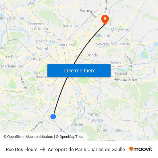 Rue Des Fleurs to Aéroport de Paris Charles de Gaulle map