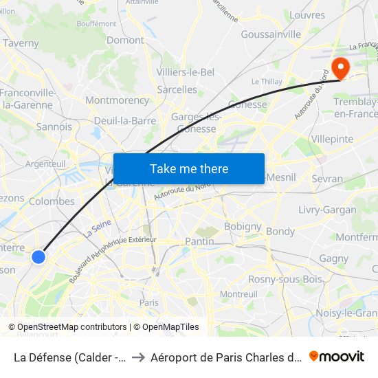 La Défense (Calder - Miro) to Aéroport de Paris Charles de Gaulle map