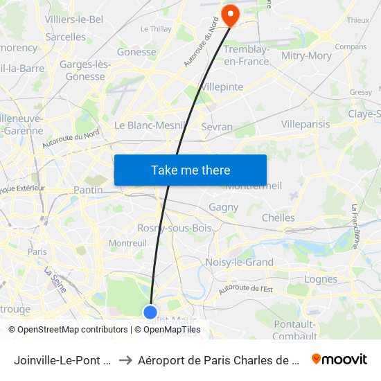 Joinville-Le-Pont RER to Aéroport de Paris Charles de Gaulle map
