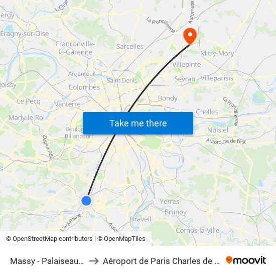 Massy - Palaiseau RER to Aéroport de Paris Charles de Gaulle map