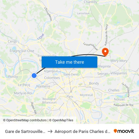 Gare de Sartrouville - RER to Aéroport de Paris Charles de Gaulle map