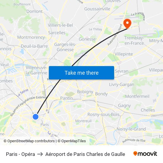 Paris - Opéra to Aéroport de Paris Charles de Gaulle map