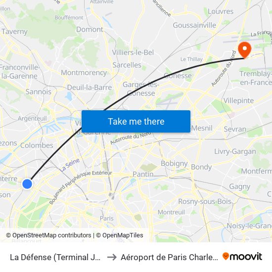 La Défense (Terminal Jules Verne) to Aéroport de Paris Charles de Gaulle map