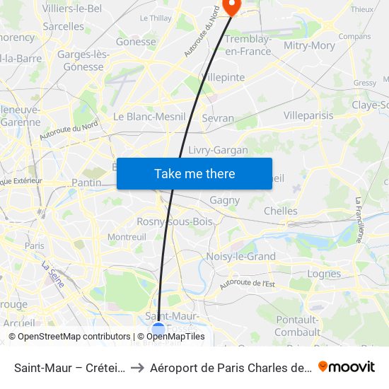 Saint-Maur – Créteil RER to Aéroport de Paris Charles de Gaulle map