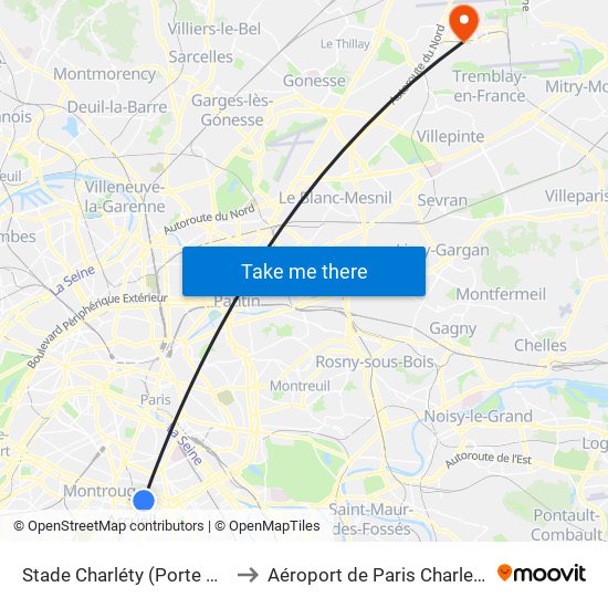 Stade Charléty (Porte de Gentilly) to Aéroport de Paris Charles de Gaulle map