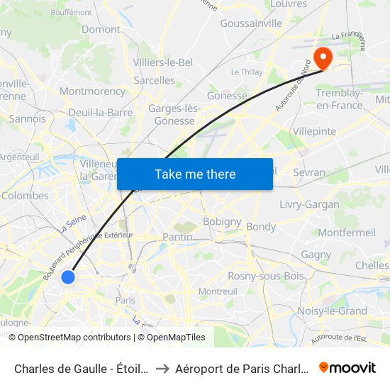Charles de Gaulle - Étoile - Wagram to Aéroport de Paris Charles de Gaulle map