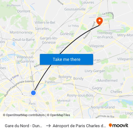 Gare du Nord - Dunkerque to Aéroport de Paris Charles de Gaulle map