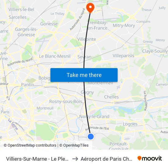 Villiers-Sur-Marne - Le Plessis-Trévise RER to Aéroport de Paris Charles de Gaulle map