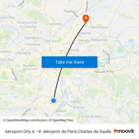 Aéroport Orly 4 to Aéroport de Paris Charles de Gaulle map