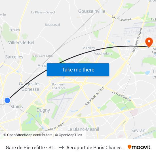Gare de Pierrefitte - Stains RER to Aéroport de Paris Charles de Gaulle map