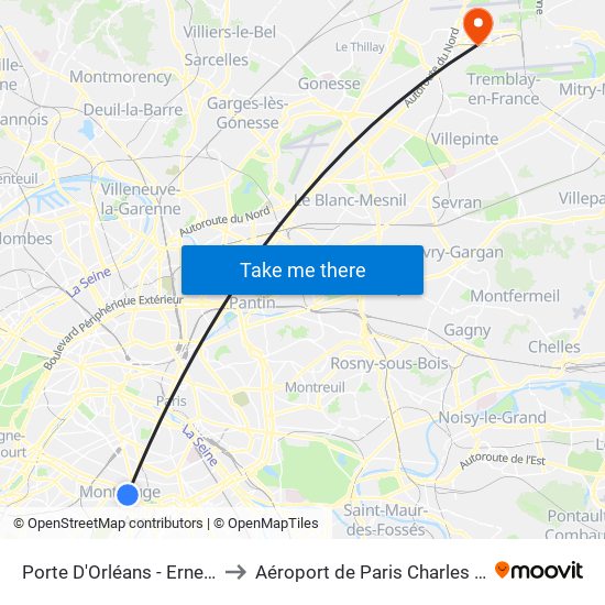 Porte D'Orléans - Ernest Reyer to Aéroport de Paris Charles de Gaulle map